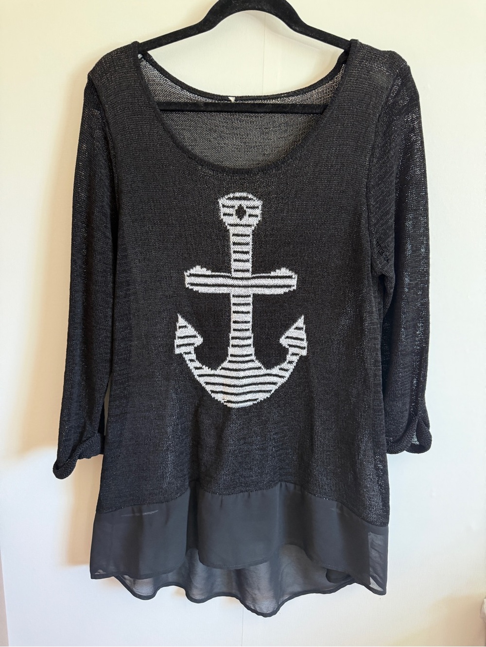 Black Anchor Sweater Tunic Sheer Knit Nautical Coastal Boho Top L XL